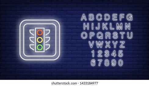 Traffic light in square neon sign. Roadsign on brick background. Night bright advertisement. Vector illustration in neon style for traffic, transportation, city