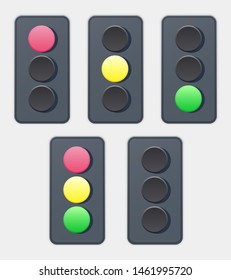 Traffic light stop light road safety sign dark grey with bright volume lights vector icon all states set