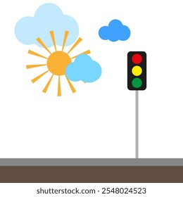 Semáforo. Sol e nuvens. Vetor de cena de rua. Símbolo de dia brilhante.