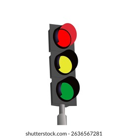 Traffic light symbol with red, yellow and green colors, red color is on, isolated on white background. Vector illustration.