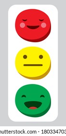 Traffic light from three bulbs with faces of red, yellow, green. Vector emotions traffic controller. Stop, get ready, go