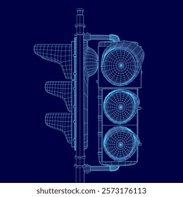 Traffic light with three lights is shown in a blue color scheme. The lights are arranged in a vertical line, with the top light being the most prominent