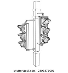 Traffic light with three lights. Wireframe low poly mesh vector illustration.