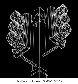 Traffic light with three lights. Wireframe low poly mesh vector illustration.