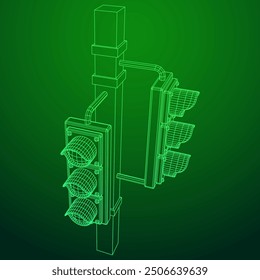 Semáforo con tres luces. Ilustración vectorial de malla de polietileno baja.