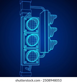 Traffic light with three lights. Wireframe low poly mesh vector illustration.