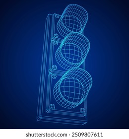 Traffic light with three lights. Wireframe low poly mesh vector illustration.