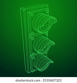 Semáforo con tres luces. Ilustración vectorial de malla de polietileno baja.
