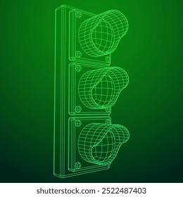 Traffic light with three lights. Wireframe low poly mesh vector illustration.