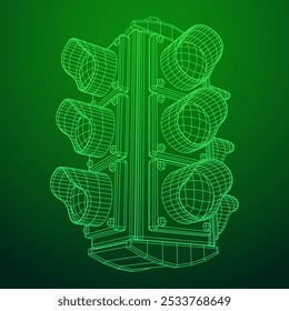 Traffic light with three lights. Wireframe low poly mesh vector illustration.