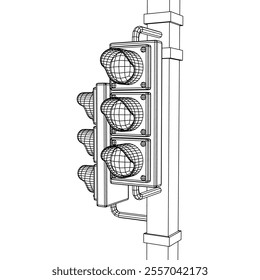 Traffic light with three lights. Wireframe low poly mesh vector illustration.