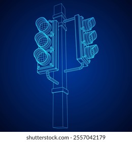 Traffic light with three lights. Wireframe low poly mesh vector illustration.