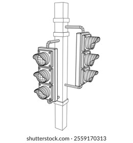Traffic light with three lights. Wireframe low poly mesh vector illustration.