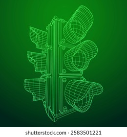 Traffic light with three lights. Wireframe low poly mesh vector illustration.