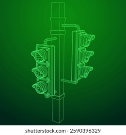 Traffic light with three lights. Wireframe low poly mesh vector illustration.