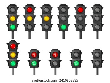 Traffic light with three signals color. Vector isolated semaphore road regulation for drivers. Realistic stoplight signaling devices for road intersections, pedestrian crossings, city street