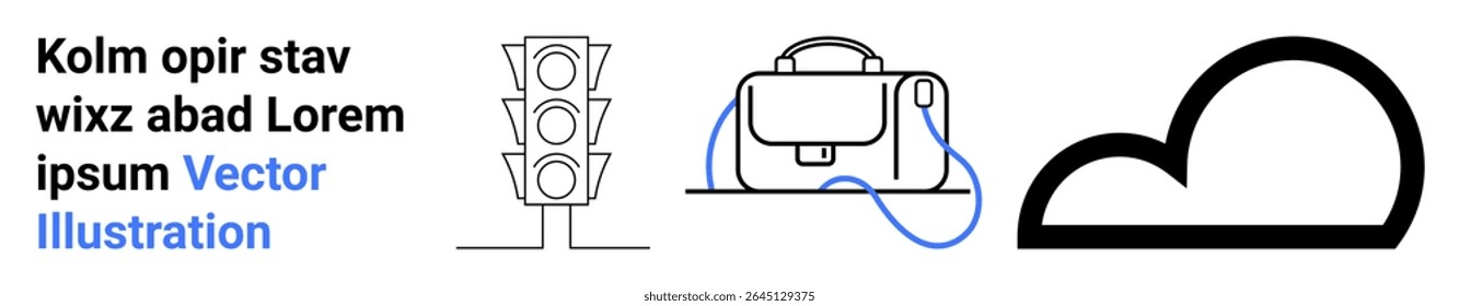 Traffic light, travel bag with blue strap, and cloud icon in minimalist style. Ideal for travel, transport, technology, web design, education, presentations, branding. Landing page