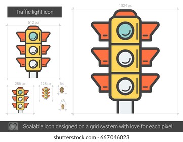 Ícone de linha de vetor de semáforo isolado no plano de fundo branco. Ícone de linha de semáforo para infográfico, site ou aplicativo. Ícone escalável projetado em um sistema de grade.
