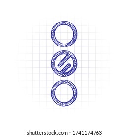 Ampel, gelbes Signal. Handgezeichnetes Bild mit Schreibenfüllung. Blau. Doodle auf weißem Hintergrund