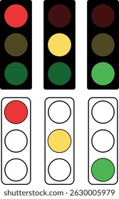 Traffic Lights with 3 States. Stop, Brake, and Green Signal for Highway and expressway Control. Horizontal traffic signals with red light above green and yellow 