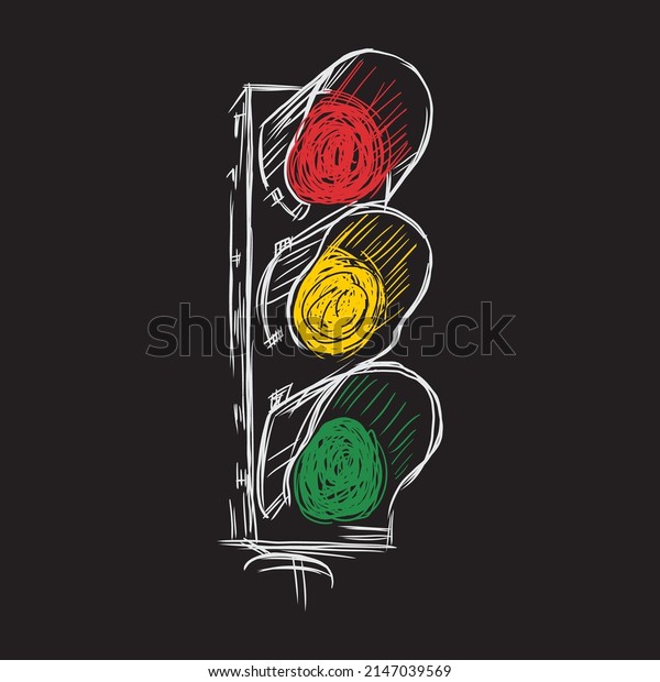 Traffic lights, all light is on, hand drawn\
illustration on black\
background