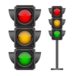 Traffic Lights With All Three Colors On. Photo-realistic Vector Illustration Isolated On White Background