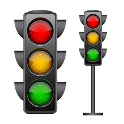 Traffic lights with all three colors on. Photo-realistic vector illustration isolated on white background