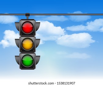 Traffic lights with all three colors on hanging against blue sky with clouds. Photo-realistic vector illustration - Shutterstock ID 1538131907