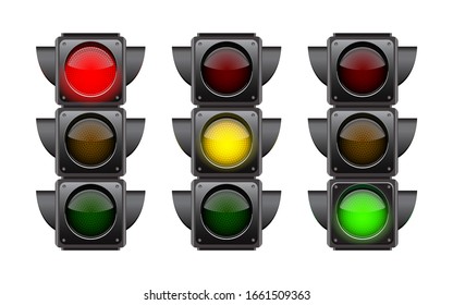 Traffic lights with all three colors on. Photo-realistic vector illustration isolated on white background