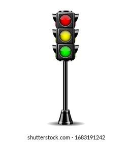 Traffic lights with all three colors on. Photo-realistic vector illustration isolated on white background