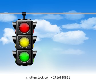Traffic lights with all three colors on hanging against blue sky with clouds. Photo-realistic vector illustration