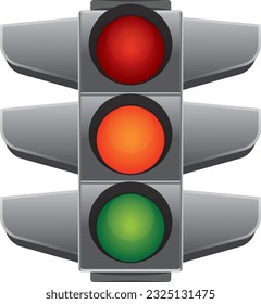 Traffic lights with all three colors on (yellow, green and red). Vector illustration isolated on white background. Cute picture