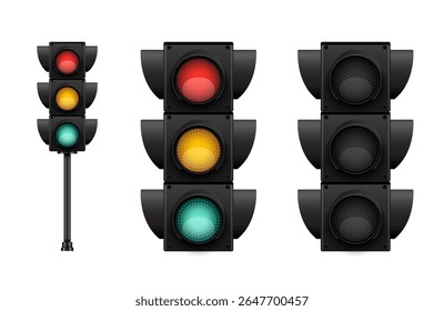 Semáforos con los tres colores encendido y apagado aislados en el fondo blanco. Ilustración vectorial