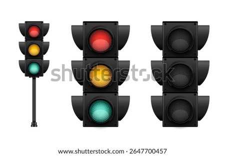 Traffic lights with all three colors on and off isolated on white background. vector illustration