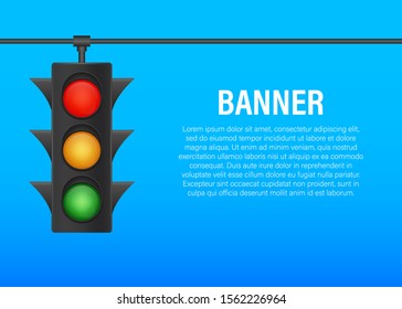 Traffic Lights Banner On Blue Background. Vector Stock Illustration.