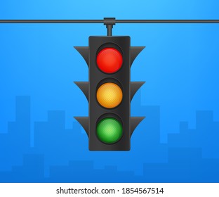 Traffic lights banner on blue background. Vector stock illustration.