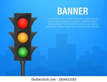 Traffic lights banner on blue background. Vector stock illustration.