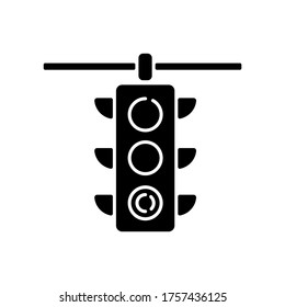 Traffic lights black glyph icon. Road regulation lamp. Safety control on highway. Permit to drive on intersection. Junction guidance. Silhouette symbol on white space. Vector isolated illustration