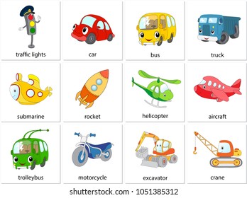 Traffic lights, car, bus, truck, submarine, rocket, helicopter, aircraft, trolleybus, motorcycle, excavator, crane. Illustration for learning english words