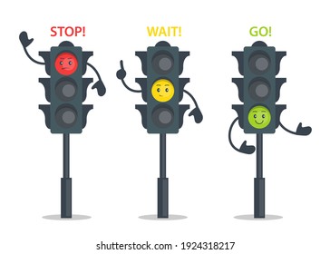 Traffic lights cartoon characters design,  Urban safety signals for children. City safety with traffic control on streets. Semaphores for roads intersection. Vector illustration