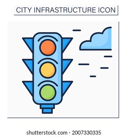 Traffic lights color icon. Signaling device to control flows of traffic. Road regulation. Outline drawing. Traffic control concept. Isolated vector illustrations