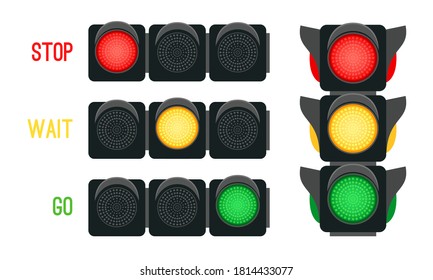 Traffic lights concept. Safety signals for driving transport in city, urban safety with semaphores, vector illustration stoplights for intersection street isolated on white background