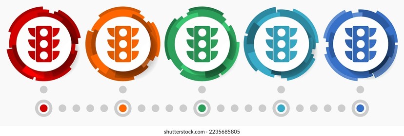 Traffic lights concept vector icon set, modern design abstract web buttons in 5 color options, infographic template