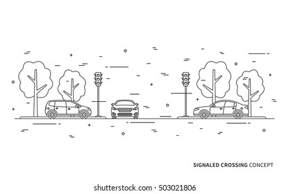  Traffic Lights At The Crossroad Vector Illustration. Light Signals With Cars Line Art Concept. Traffic Controller Graphic Design.
