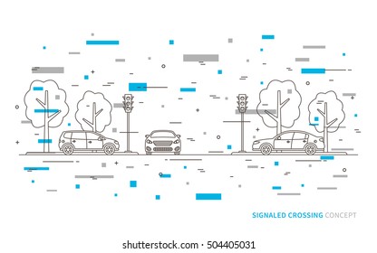  Traffic Lights At The Crossroad Vector Illustration With Colorful Decorative Elements. Light Signals With Cars Line Art Concept. Traffic Controller Graphic Design.
