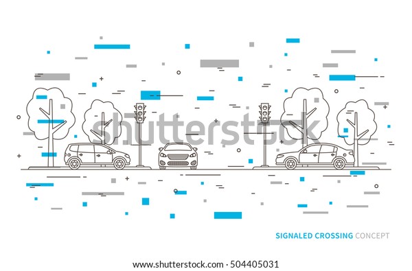  Traffic lights at\
the crossroad vector illustration with colorful decorative\
elements. Light signals with cars line art concept. Traffic\
controller graphic design.\
