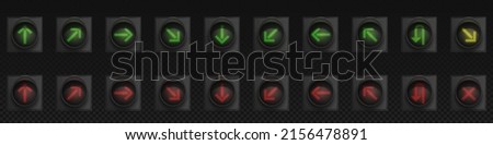 Traffic lights with direction arrows for road signal system. Vector realistic mockup of driving control system on street or highway with red, yellow and green led lamps