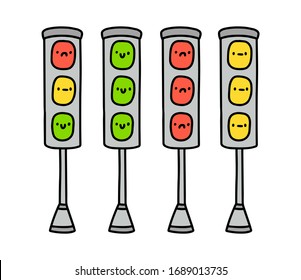 Traffic lights green yellow red with smiles expressive faces hand drawn vector illustration in cartoon comic style drive rules safety