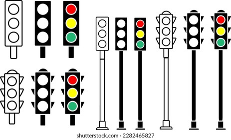 Traffic lights icon set. Coloured traffic light. minimalist flat design. Transportation control