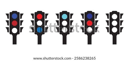 Traffic lights icon set. Coloured traffic light in glyph. Filled semaphore symbol. Traffic lights collection in glyph. Stock vector illustration.
